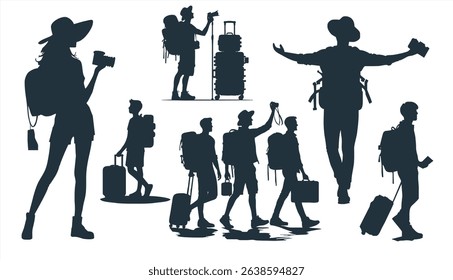 Trekking traveler silhouettes set, vector silhouette design. Backpacker. Mountaineer climber hiker people. Male and female hiker with backpack. Adventure, travel tourism concept. Black silhouettes