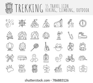 Trekking travelling icon collection, hiking hand draw cartoon icons. Camping and travel caravaning doodle illustration. Tent, compass, tracking, forest and other attributes about trek and hiking icons