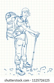 Trekking woman with big backpack, Blue pen sketch on square grid notebook page, Hand drawn vector linear illustration