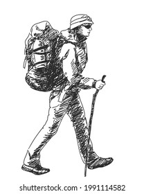 Trekking woman with big backpack and stick isolated vector sketch, Outdoor activity people, Hand drawn illustration