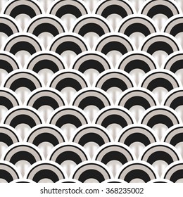 Trellis. Beautiful 3D shiny natural White Pearl. Fish-scales Seamless pattern. Oriental precious traditional ornament. Abstract Black and White Background. Half-circle backdrop. Vector Illustration. 