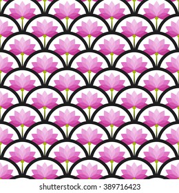 Trellis. Beautiful oriental seamless pattern of half-circles with pink lotus flower. Japanese style  fish-scale colorful grid background. Vector illustration.