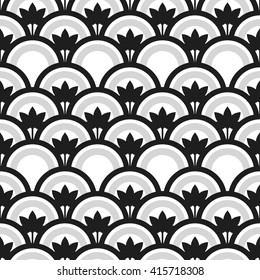 Trellis. Beautiful oriental tiled black and white seamless pattern of half-circles with lotus flower and decorative border. Japanese style fish-scale grid background. Vector illustration.