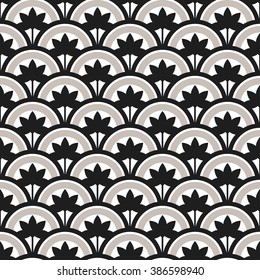 Trellis. Beautiful oriental tiled monochrome seamless pattern of half-circles with lotus flower and decorative border. Japanese style fish-scale grid background. Vector illustration.