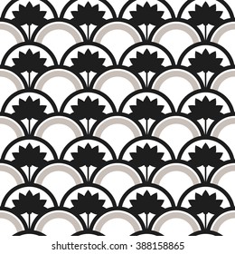 Trellis. Beautiful oriental tiled monochrome seamless pattern of half-circles with lotus flower and decorative border. Japanese style fish-scale grid background. Vector illustration.