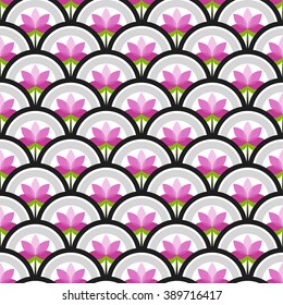 Trellis. Beautiful oriental tiled seamless pattern of half-circles with pink lotus flower and grey decorative border. Japanese style fish-scale colorful grid background. Vector illustration.

