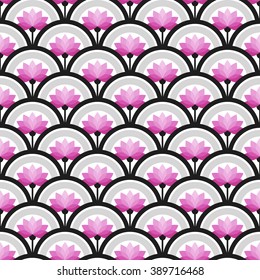Trellis. Beautiful oriental tiled seamless pattern of half-circles with pink lotus flower and grey decorative border. Japanese style fish-scale colorful grid background. Vector illustration.