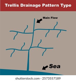 Trellis Drainage Pattern Type. Landform and water flow geography education infographic vector illustration