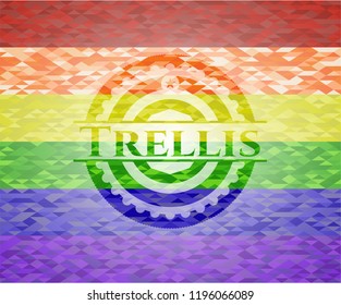 Trellis emblem on mosaic background with the colors of the LGBT flag