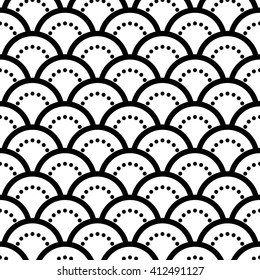 Trellis. Fish-scales Seamless pattern. Oriental traditional ornament. Abstract Black and White Background. Grid texture. Half-circle backdrop. Textile and paper print. Vector Regular Texture.