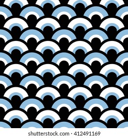Trellis. Fish-scales Seamless pattern. Oriental traditional ornament. Abstract Black and Blue Background. Half-circle backdrop. Textile and paper print. Geometric Grid. Vector Regular Texture.