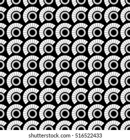 Trellis. Fish-scales tiled seamless geometric pattern. Grid of circles divided into sections. Oriental traditional ornament. Abstract black and white background. Monochrome print. Vector illustration.