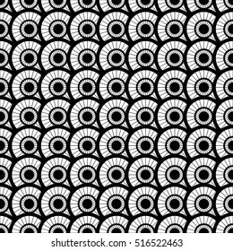 Trellis. Fish-scales tiled seamless geometric pattern. Grid of circles divided into sections. Oriental traditional ornament. Abstract black and white background. Monochrome print. Vector illustration.