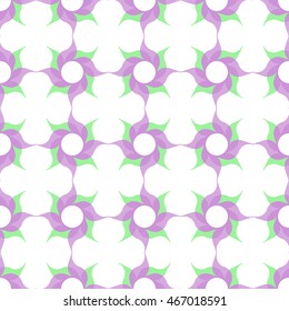 Trellis pattern of semitransparent violet twirled flowers with leaves on white background. Vector seamless repeat. 