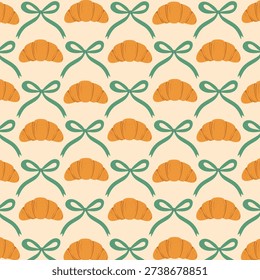 Trellis seamless pattern with croissants and ribbons. Vector design for fabric and wallpaper design.