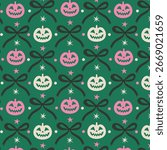 Trellis seamless pattern with pumpkin, bows and ribbons. Halloween seamless background.