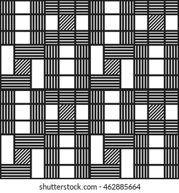 Trellis. Seamless tiled geometric pattern of intersected squares. Oriental culture inspired repeating geometric background. Black and white chaotic Grid. Vector illustration.