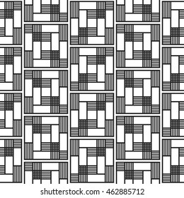 Trellis. Seamless tiled geometric pattern of intersected squares. Oriental culture inspired repeating geometric background. Black and white chaotic Grid. Vector illustration.
