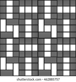 Trellis. Seamless tiled geometric pattern of intersected squares. Oriental culture inspired repeating geometric background. Black and white chaotic Grid. Vector illustration.