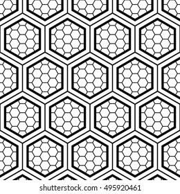 Trellis. Tiled seamless geometric pattern of hexagons filled with grid of hexagons. Sacred geometry inspired print. Abstract black and white background. Vector illustration.