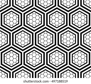 Trellis. Tiled seamless geometric pattern of hexagons filled with grid of hexagons. Sacred geometry inspired print. Abstract black and white background. Vector illustration.