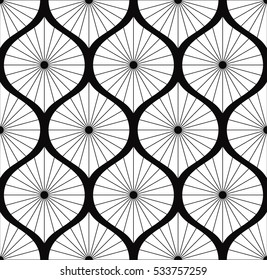 Trellis. Tiled seamless geometric pattern of petals divided into sections. Garlands. Abstract black and white background. Arabic motifs inspired print. Vector illustration.