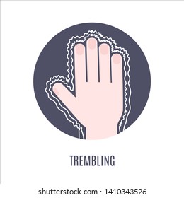 Trembling hands as a symptom of disease, sensitivity to cold, anxiety or fear. Muscle twitching icon. Vector illustration.