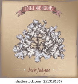 Tremella fuciformis aka snow fungus color sketch on vintage background. Edible mushrooms series. Great for cooking, traditional medicine, gardening.