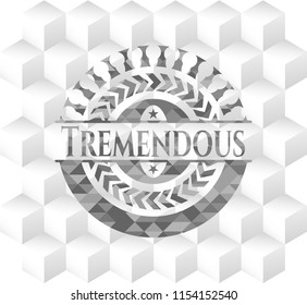 Tremendous grey emblem. Retro with geometric cube white background