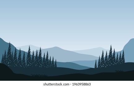 Tremendous morning view of the mountains from the edge of the city. Vector illustration of a city