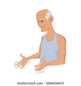 Tremor Hands. An Elderly Man Looking At The Shaking Hands. Symptom Of Parkinson's Disease. Medical Vector Illustration.