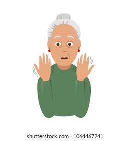 Tremor Hands. An Elderly Woman Looking At The Shaking Hands. Symptom Of Parkinson's Disease. Medical Vector Illustration.