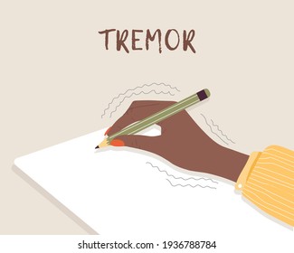 Tremor hands. Primary symptom Parkinson disease. Arms writing with a pen. Physiological stress symptoms. Vector illustration in flat cartoon style.