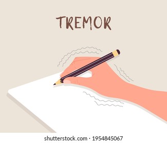 Tremor hands. Primary symptom Parkinson disease. Arms writing with a pen. Physiological stress symptoms. Vector illustration in flat cartoon style.