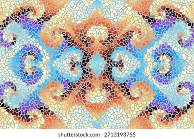 Trencadis Wandstruktur. Helle abstrakte Mosaik nahtlose Muster. Vektorhintergrund. Endlose Textur. Keramikfliesenfragmente.