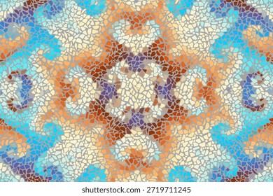 Textura da parede de Trencadis. Brilhante abstrato mosaico padrão sem costura. Fundo do vetor. Textura sem fim. Fragmentos de azulejos de cerâmica.