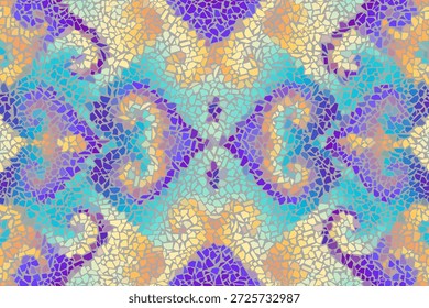 Textura da parede de Trencadis. Brilhante abstrato mosaico padrão sem costura. Fundo do vetor. Textura sem fim. Fragmentos de azulejos de cerâmica.