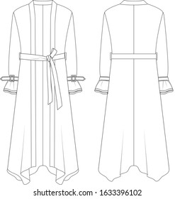 Trench coat with belt, front and back view, vector fashion illustration