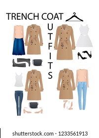 Trench coat combinations. Clothes vector design. Set of items. Wear collection