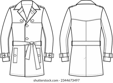 Trench coat flat sketch. Buttoned overcoat apparel design. Outerwear. Front back. Men CAD mockup. Technical drawing template. Vector illustration.