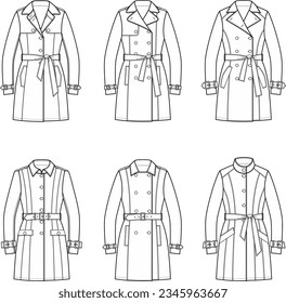 Trench coat flat sketch. Set of overcoat apparel design. Front view. Women CAD mockup. Fashion technical drawing template. Vector illustration.