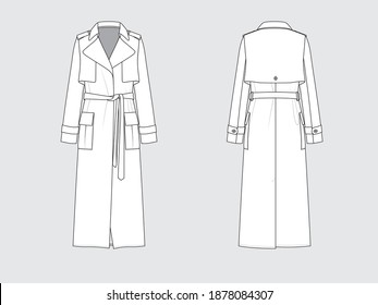 trench coat, front and back, drawing flat sketches with vector illustration by sweettears