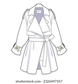 Trench coat front view fashion flat sketch for Tech Pack  Belt  pockets  CAD drawing  black   white  vector graphics for garment production apparel brand  womenswear  outer  classic style