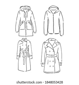 Trench coat icon. Fashion garment symbol. Technical drawing of garment for design, logo, advertising banner. coat vector sketch illustration