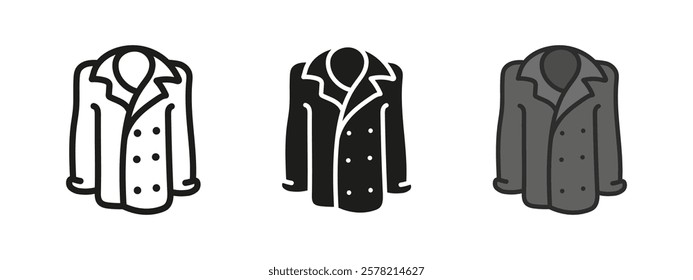 Trench coat icon. Winter cloak vector illustration. Overcoat symbol. Raincoat sign. Cape jacket pictogram. Classic stylish outwear clothing. Men's clothes apparel. Long leather black coat with buttons