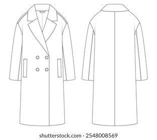 Trench coat, Mantel, Jacket, vector, flat design, technical drwaing template for fashion designer and illustration, coat CAD, Coat Mock up