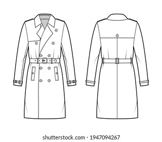 Trench coat technical fashion illustration and belt  double breasted  long sleeves  knee length  storm flap  Flat jacket template front  back  white style  Women  men  unisex top CAD mockup