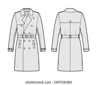 Trench coat technical fashion illustration and belt  double breasted  long sleeves  knee length  storm flap  Flat jacket template front  back  grey color style  Women  men  unisex top CAD mockup