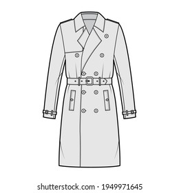 Trench coat technical fashion illustration with belt, double breasted, long sleeves, knee length, storm flap. Flat jacket template front, grey color style. Women, men, unisex top CAD mockup