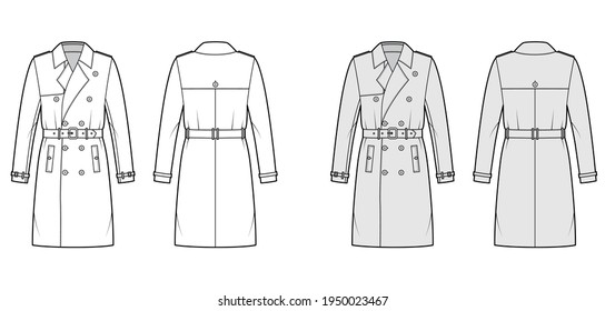 Trench coat technical fashion illustration and belt  double breasted  long sleeves  knee length  storm flap  Flat jacket template front  back  white  grey color style  Women  men  unisex CAD mockup